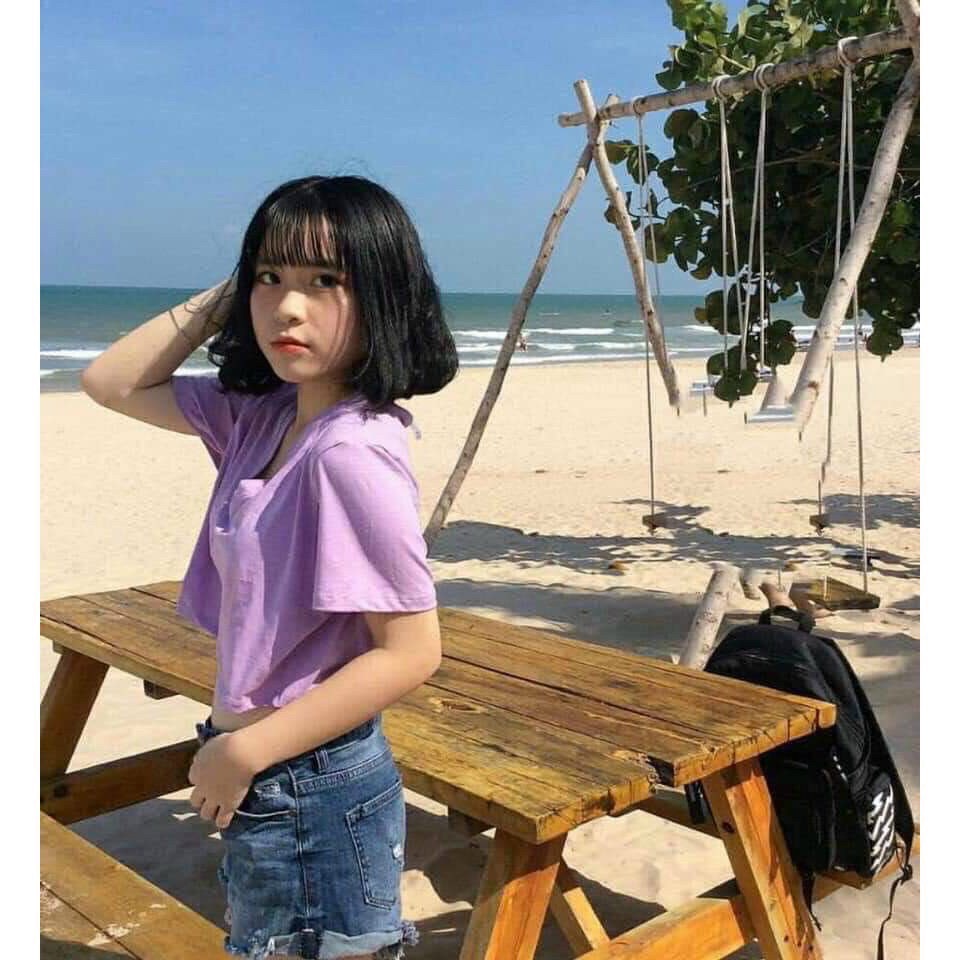 Áo thun nữ trơn from croptop cổ tim cá tính siêu hot