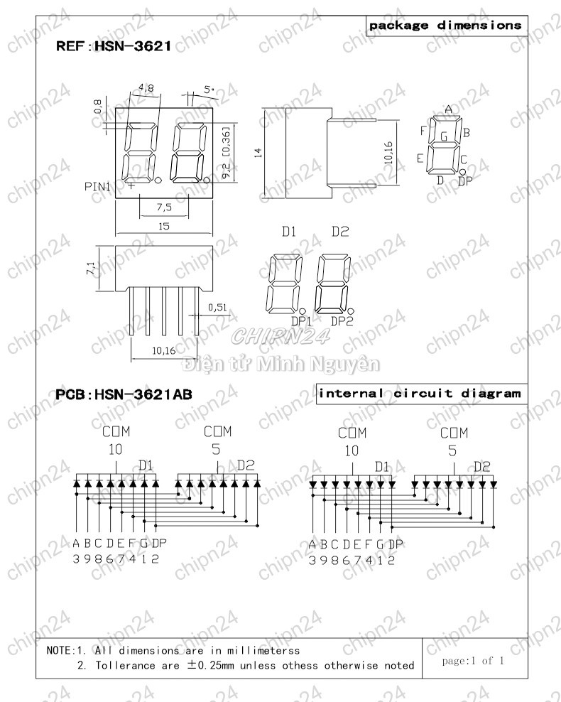 [2 con] (F24) Led 7 Đoạn 0.36 inch 2 Số Dương chung (Sáng Đỏ)