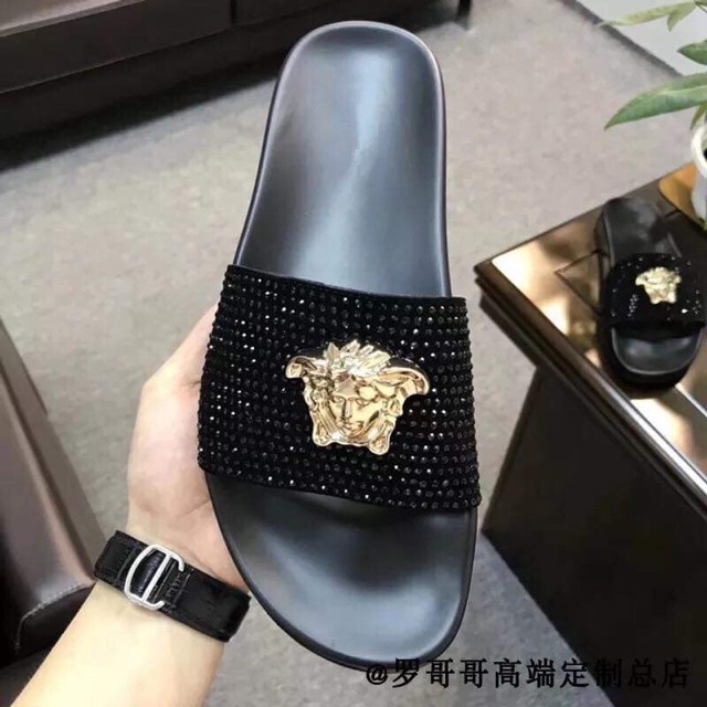 Dép lê da đính đá đen nam