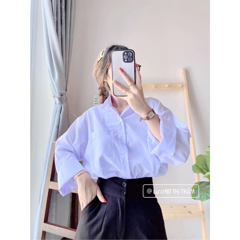 Áo Sơ Mi Trắng Trơn Tay Dài 1 Túi Ulzang Basic(màu trắng xanh)