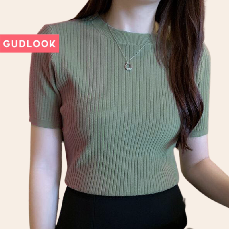 Áo Len Thun Tăm GUDLOOK basic nhiều màu cổ tròn tay ngắn chất tăm len