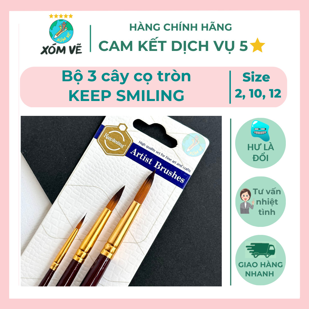 Bộ 3 cây cọ tròn keep smiling size 2,10,12