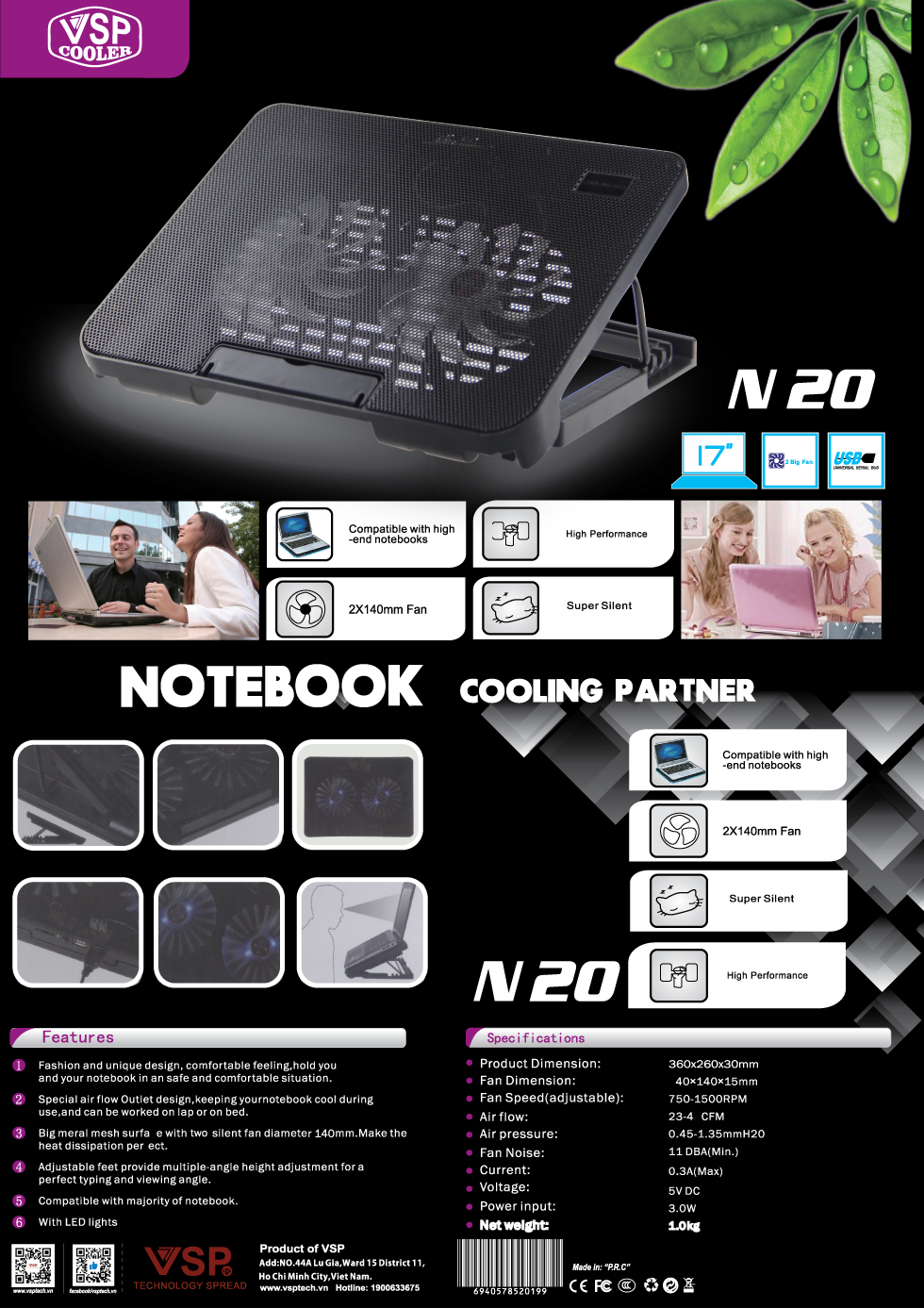 Đế tản nhiệt Laptop Notebook cool pad N20 - 2 fan làm mát