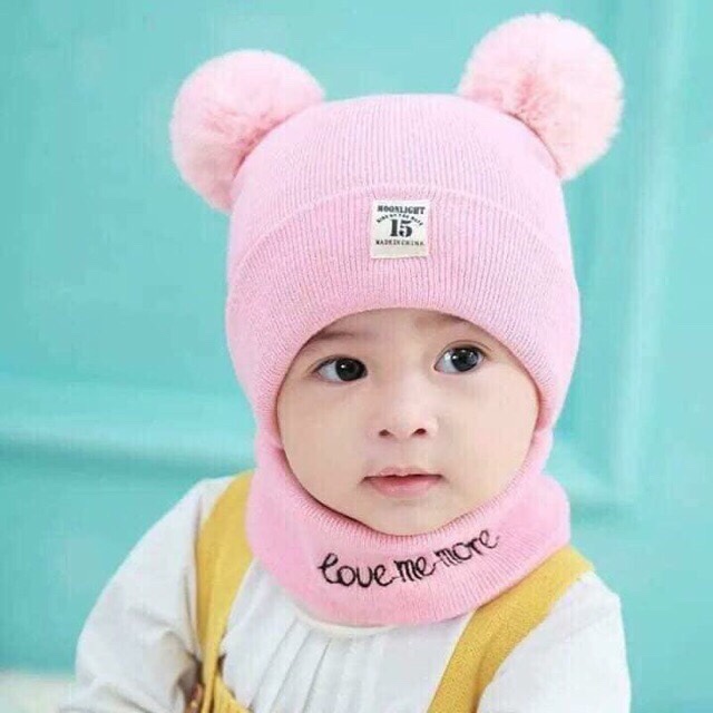 Mũ len 2 quả bông kèm khăn cho bé yêu, mũ len ấm áp cho bé, sét khăn mũ len quả bông cho bé, mũ kèm khăn cho bé