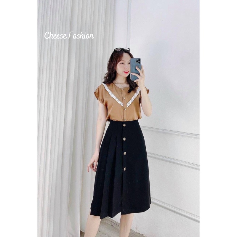 Chân váy xếp ly dáng dài 4 khuy siêu hot