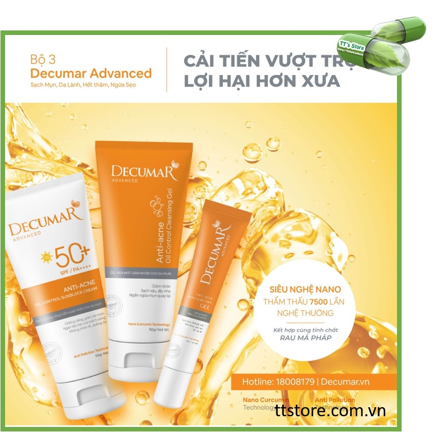 [NEW] Combo DECUMAR ADVANCED [Gel ngừa mụn gel rửa mặt kiềm nhờn kem chống nắng] (Decuma advance]