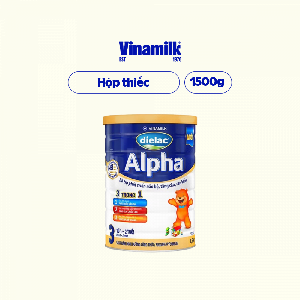 Sữa bột Vinamilk Dielac Alpha 3  - Hộp thiếc 1500gr (cho trẻ từ 1 - 2 tuổi) - Sữa công thức 3 trong 1 hỗ trợ phát triển não bộ, tăng cân chiều cao, tăng sức đề kháng