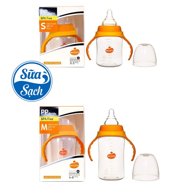 Bình Sữa Wesser Cổ Rộng PP Mẫu mới ( viền cam ) 180ml - 260m