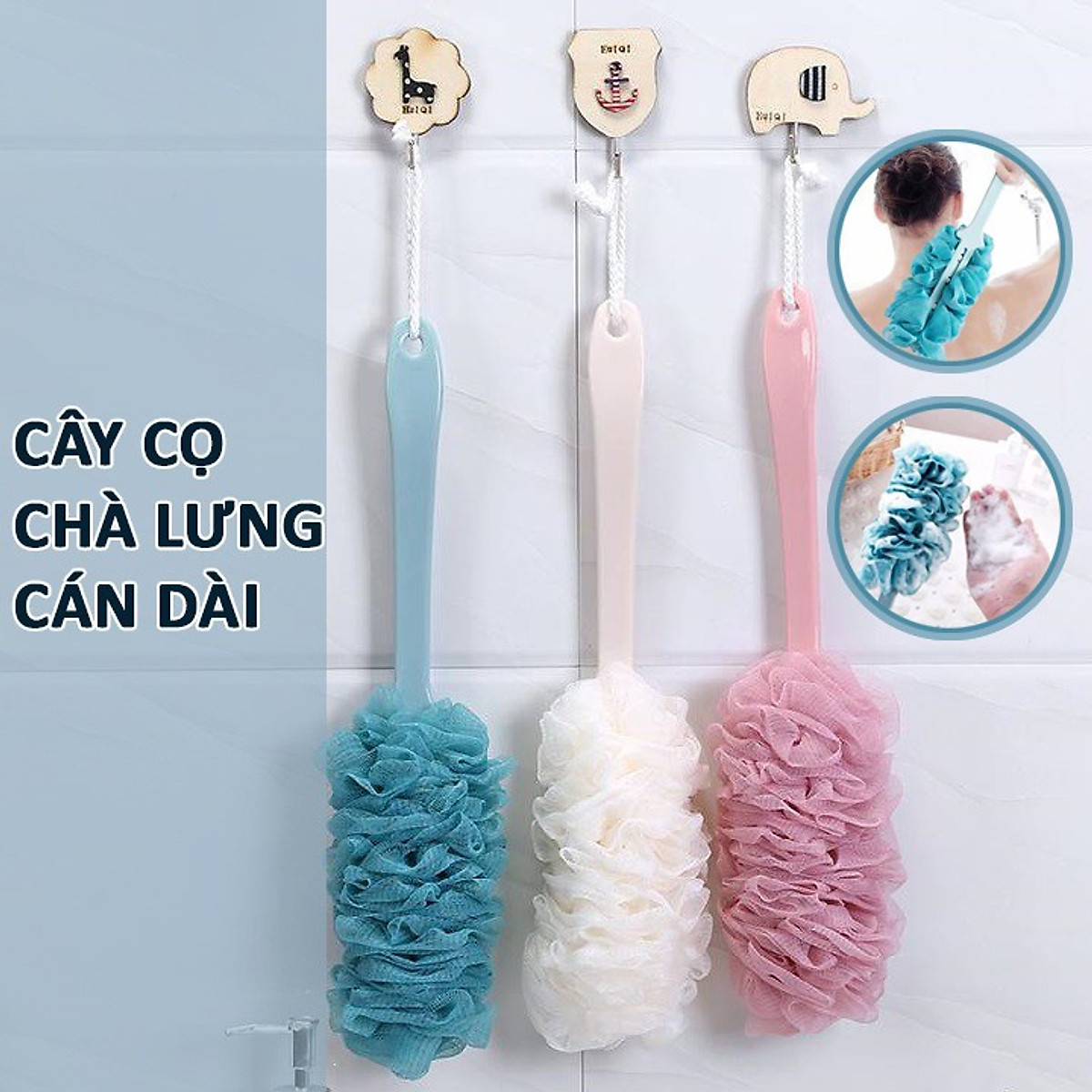 Bông tắm cán dài cọ lưng siêu sạch - cây tắm chà lưng