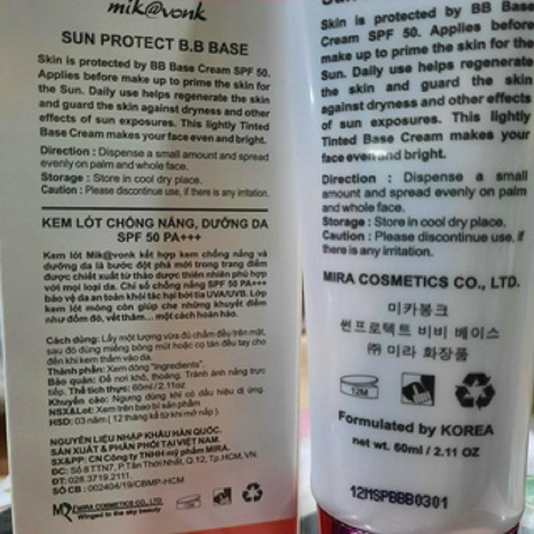 Kem Chống Nắng Dưỡng Da Mik@vonk Sun Protect BB Base 60ml