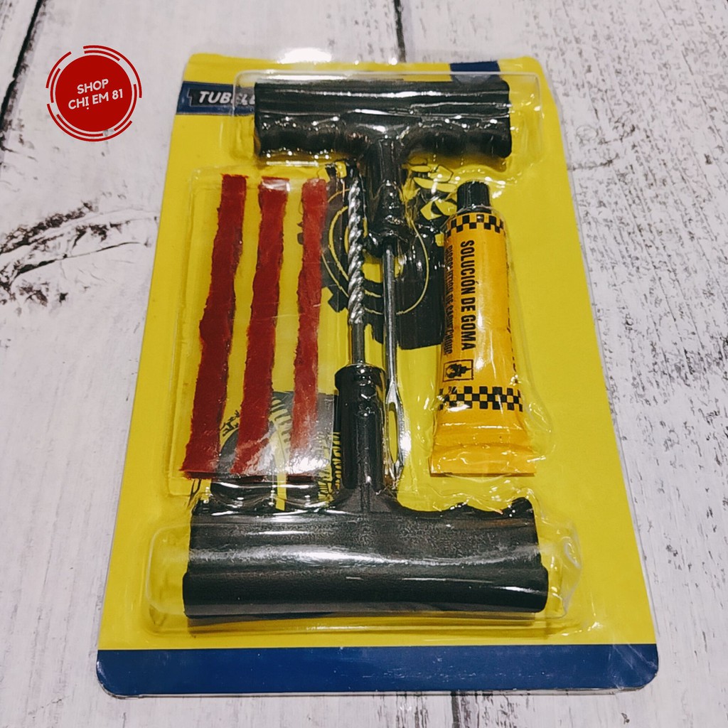 Bộ dụng cụ vá lốp xe, vá lụi không săm, kèm 3 dải keo cao su thích hợp vá khẩn cấp khi mang đi phượt, du dịch