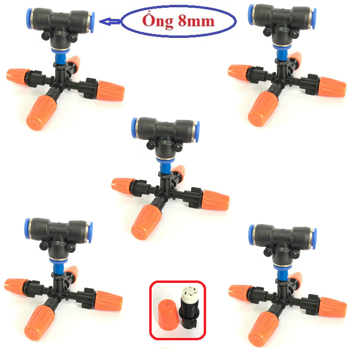 Set 5 Vòi phun sương 4 cửa đầu nhựa màu cam, lõi trắng dùng cho ống phun sương 8mm hoặc 10mm hoặc 12mm, không có van chống nhỏ giọt.