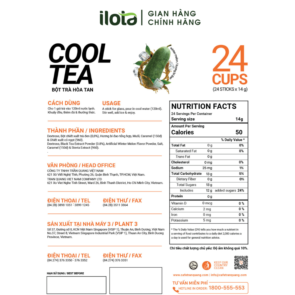Bột TRÀ BÍ ĐAO hoà tan 3 in1 Trần Quang (24 * 14gr)