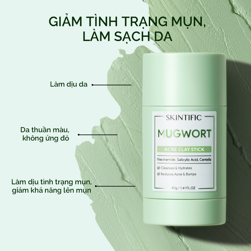 CHÍNH HÃNG✨ Skintific Mugwort Acne Clay Mask stick 40g Thanh lăn mặt nạ đất sét ngải cứu cải thiện vấn đề mụn
