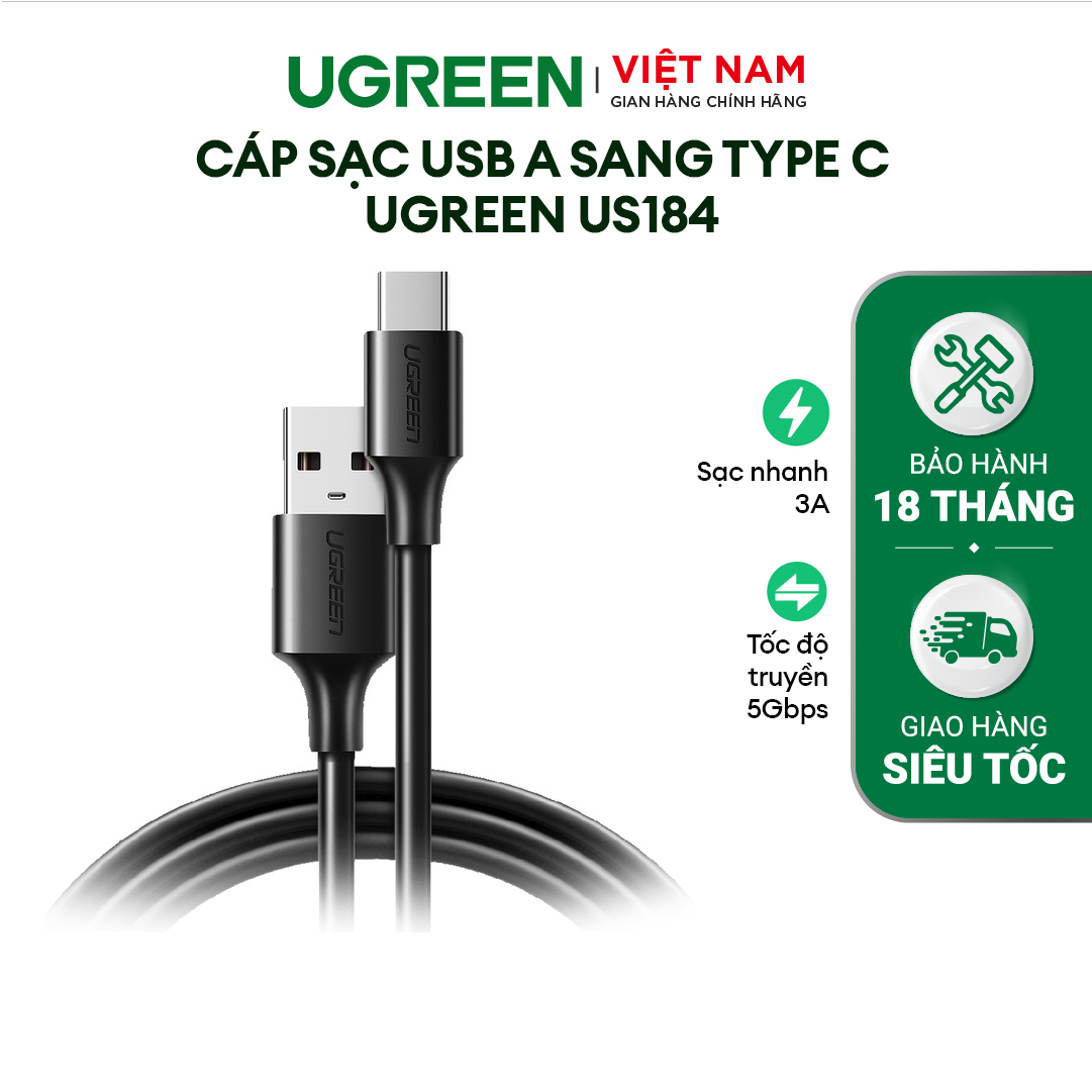 Cáp sạc USB A sang Type C Ugreen US184 Sạc nhanh dòng 3A | Tốc độ truyền lên đến 5Gbps | Bảo Hành 1 đổi 1 18 Tháng