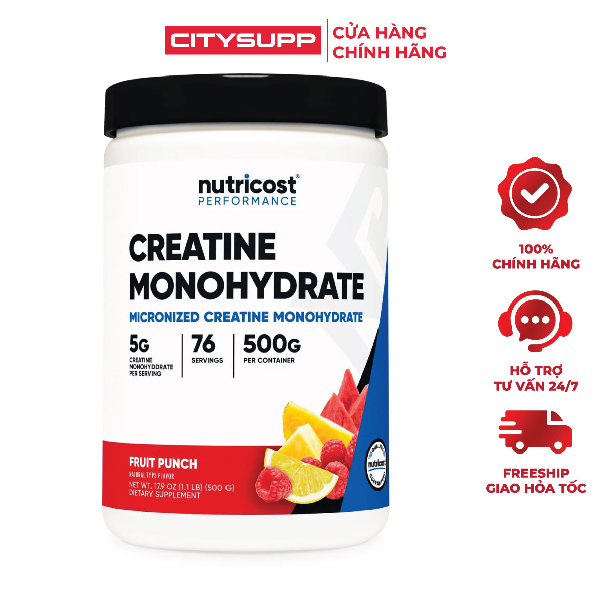 Nutricost Creatine Monohydrate 500g, Hỗ Trợ Tăng Sức Bền và Xây Dựng Cơ Bắp Nhập Khẩu USA
