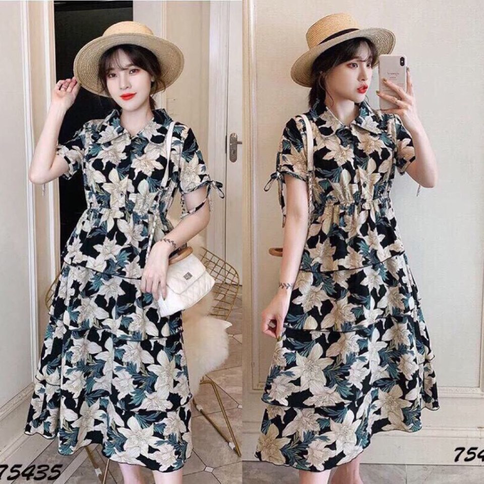 Đầm lụa hoa 3 tầng dự tiệc siêu xinh