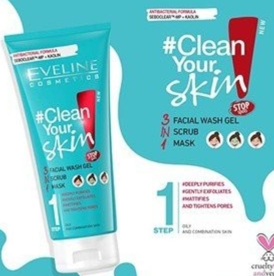 Gel rửa mặt sạch sâu ngừa mụn Eveline 3 trong 1 Clean Your Skin 200ML