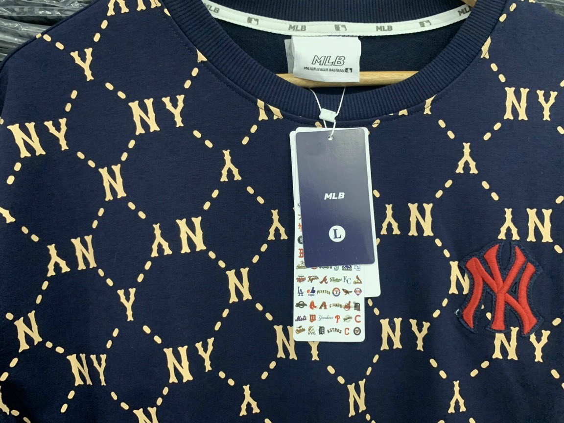 Áo thun nỉ sweater monogram NY MLB tay dài thun da cá