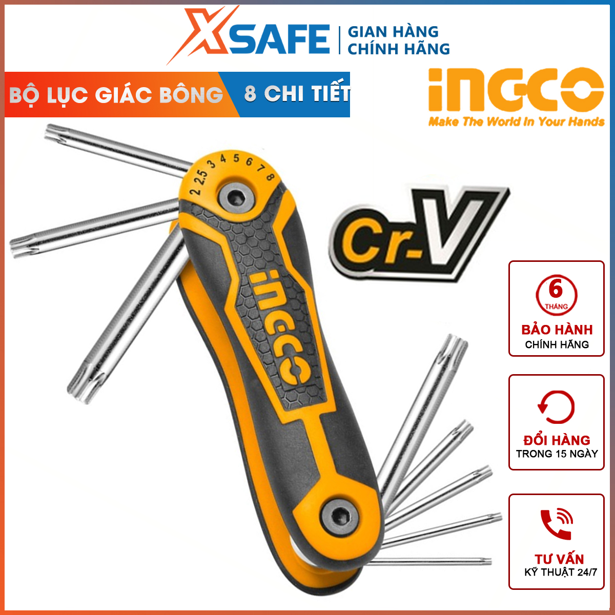 Bộ lục giác bông xếp 8 cây INGCO HHK14083 | bộ 8 chìa lục giác bông chất liệu cr-v chịu nhiệt và thép chrome - 96/T kích thước T9-T40 dụng cụ tháo ráp đai ốc vít hình bông