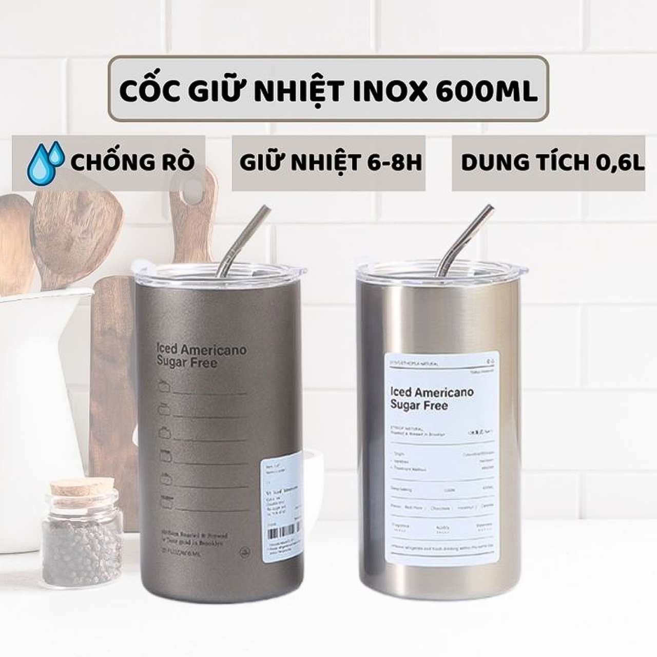 Bình đựng nước giữ nhiệt Iced Americano có ống hút dung tích 600ml, Ly cốc giữ nhiệt cute uống cà phê dùng văn phòng