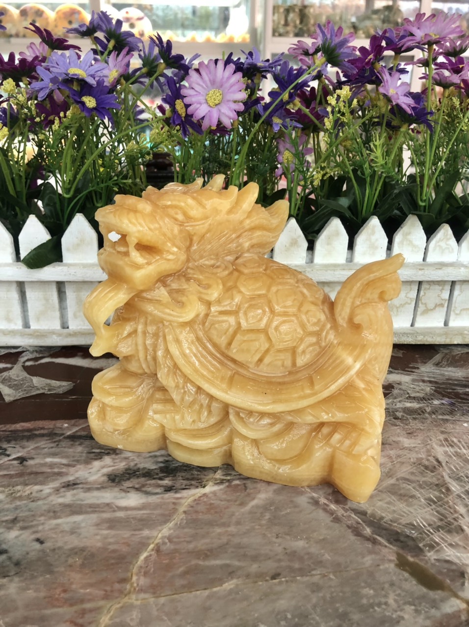 Tượng Long Quy đá trắng xanh - Dài 16 cm