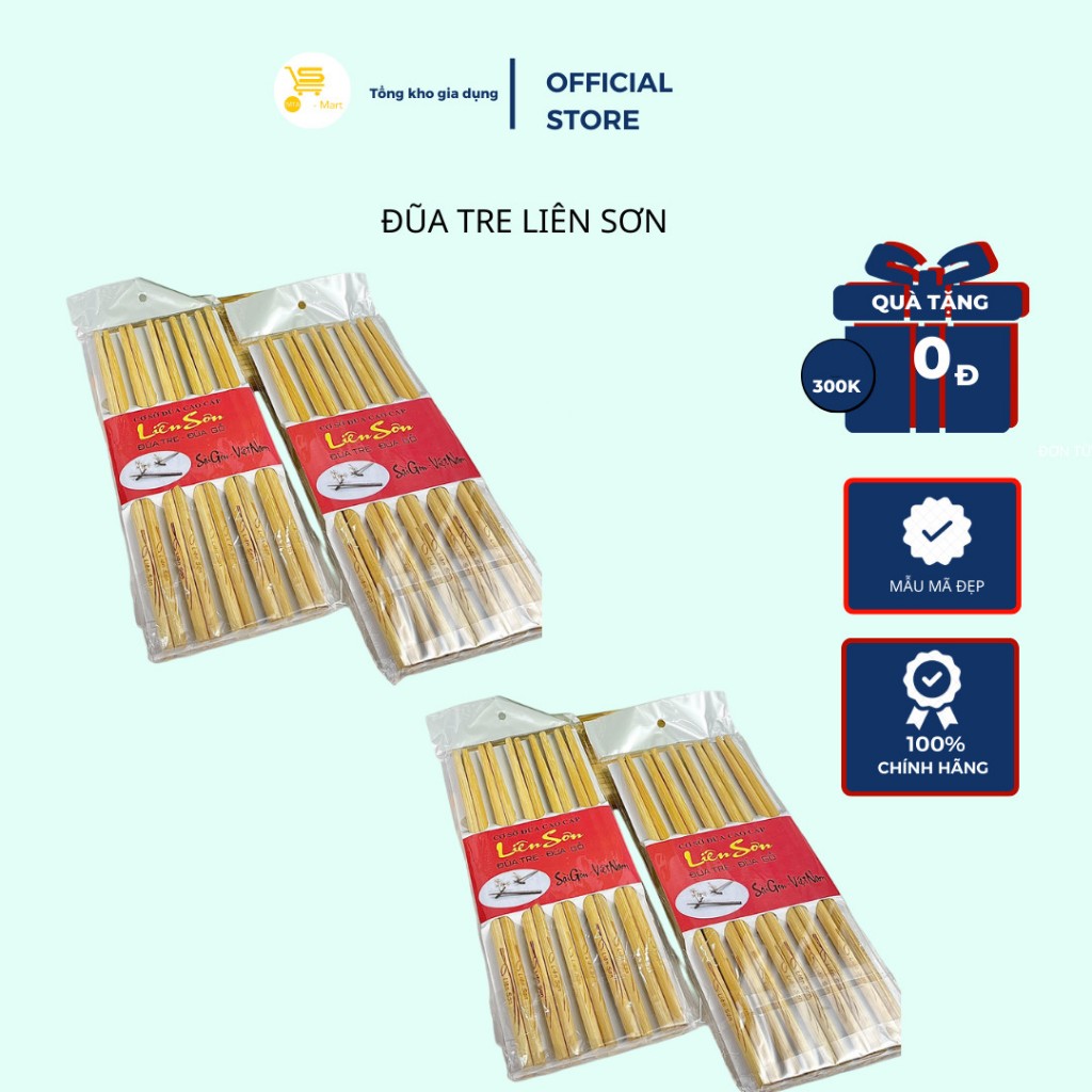 Vỉ 10 Đôi Đũa Gắp Thức Ăn, Đũa Ăn Cơm, Tiệc, Đũa Tre Liên Sơn Mẫu Đẹp, Bền Chắc, An Toàn Khi Dùng | MTA-MART