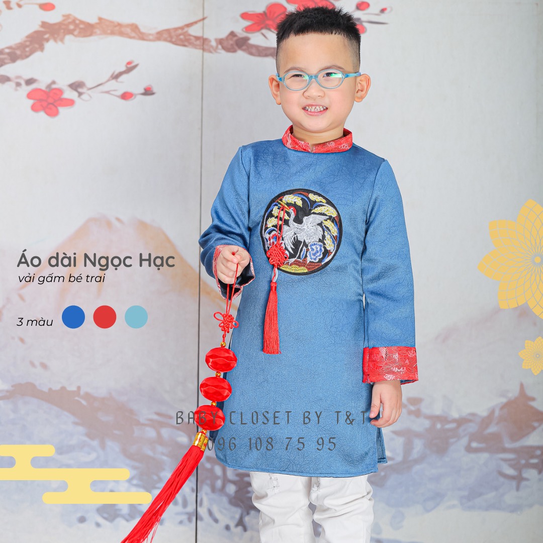 [HÀNG CAO CẤP] Áo dài Tết Du Long đáp gấm taffa đỏ bé trai