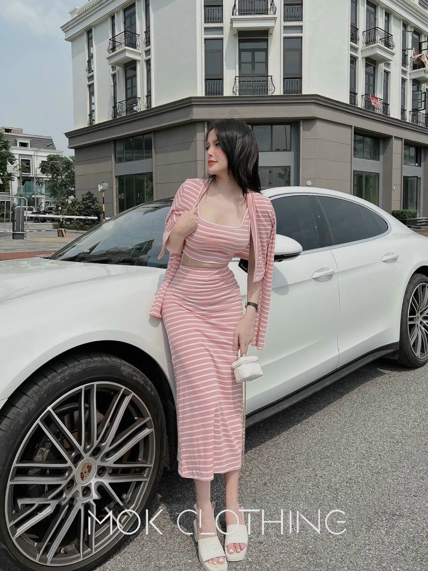 Set đầm váy3 món áo 2 dây borip crotop mix chân váy ôm dày kèm áo khoác chất thun gân