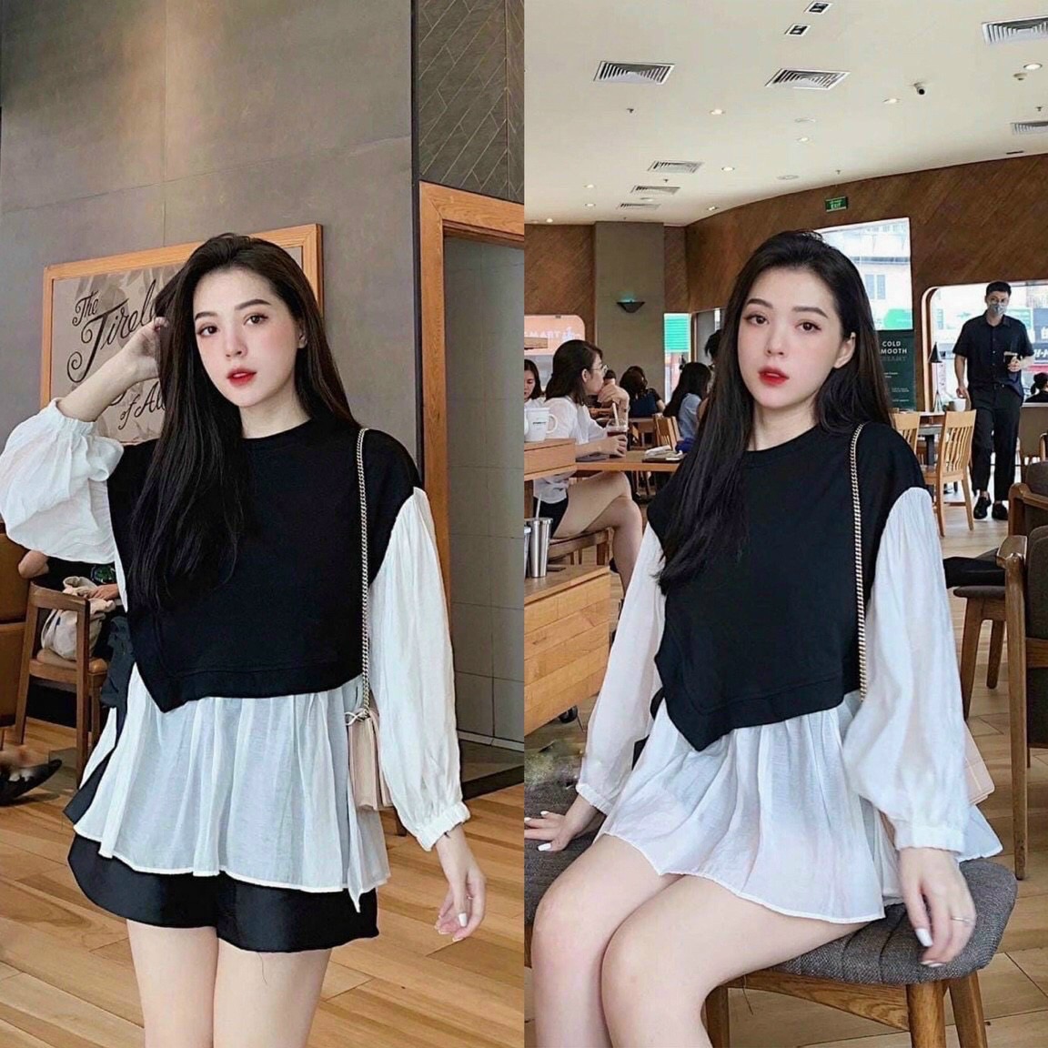 Áo peplum tay phồng phối ghile thắt eo