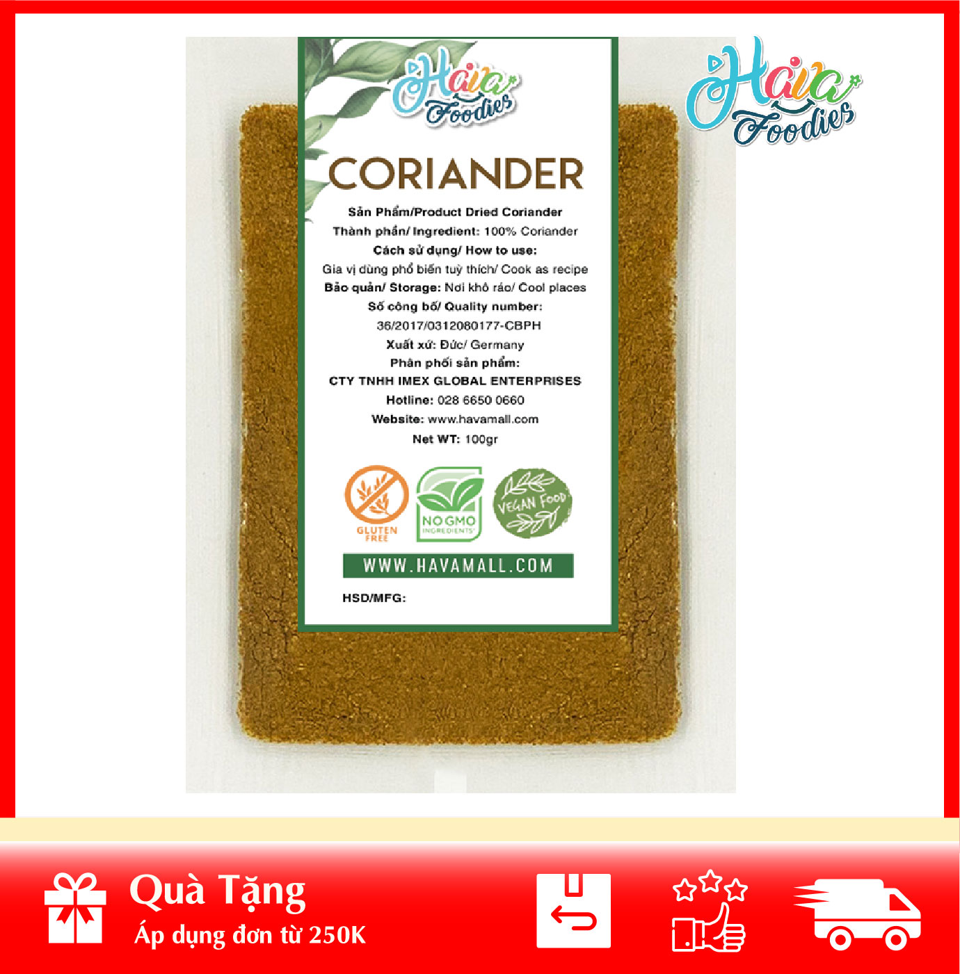Bột Ngò Thương Hiệu Hava Foodies Gói 100g – Coriander