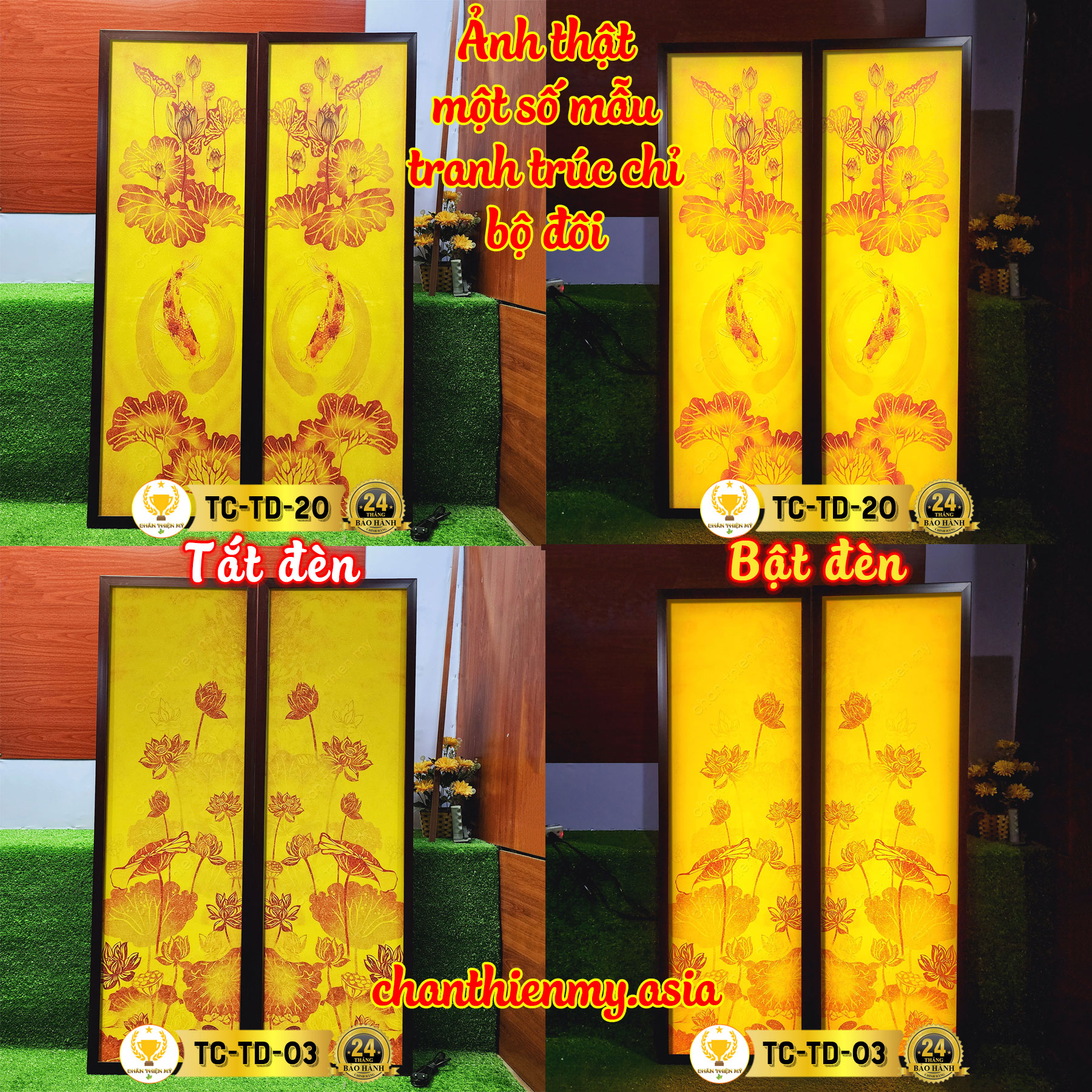 Tranh In Trúc Chỉ Bộ Đôi Cao Cấp CHÂN THIỆN MỸ, Đèn Phong Thủy Trang Trí Phòng Thờ, Bàn Thờ TC-TD-06