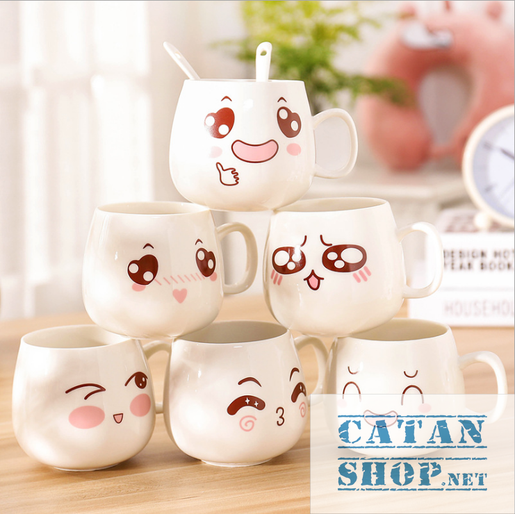 01 Cup ceramic cup with lid (attached spoon) the expressive super cute (delivery random pattern) HK062