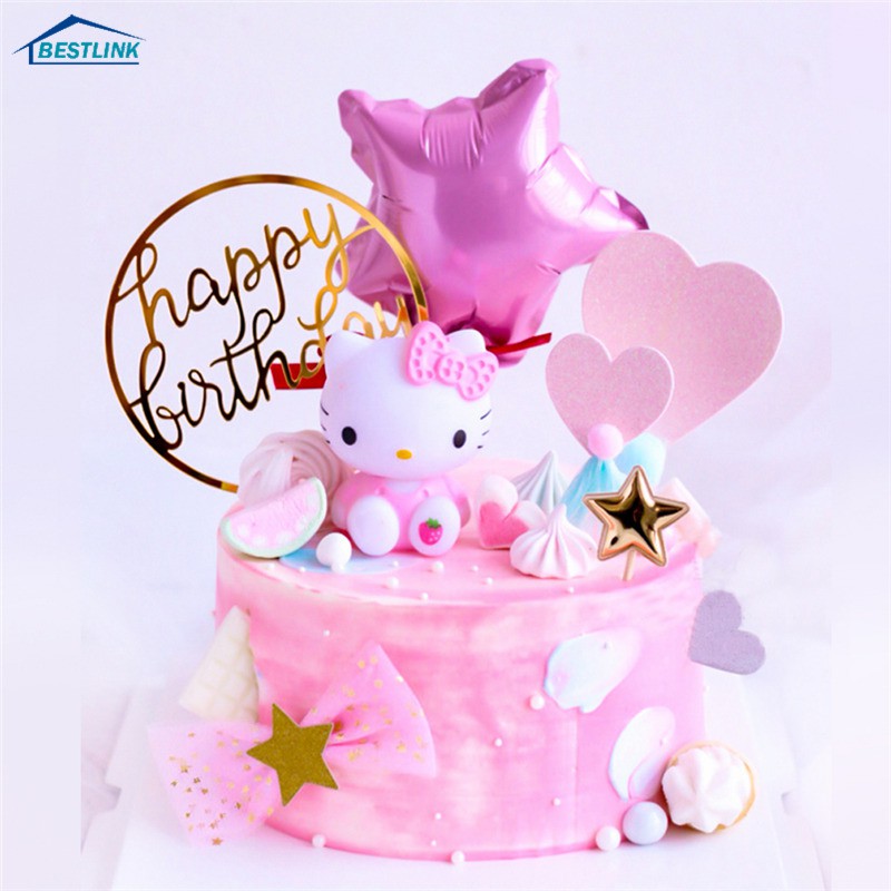 Bánh sinh nhật tone hồng trang trí hello kitty
