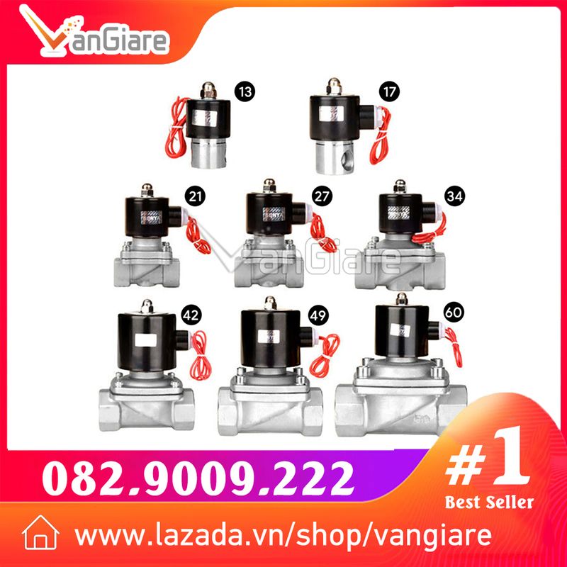 (Coil đồng 100%) Van điện từ INOX phi 21 27 34, thường đóng 12v 24v 110v 220v