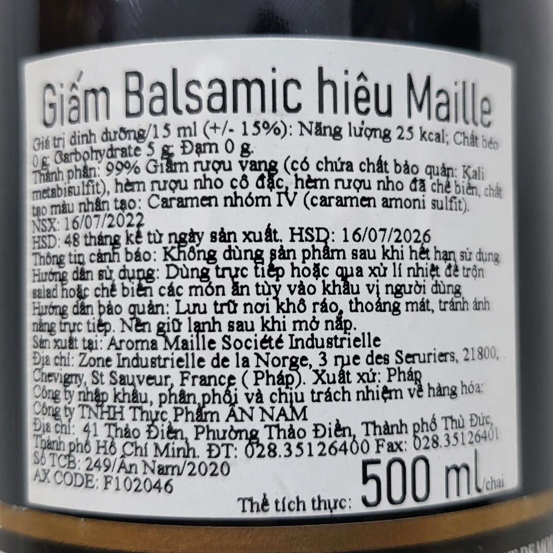 MAILLE (chai BALSAMIC 500ml) GIẤM NHO THƠM Balsamic Vinegar of Modena