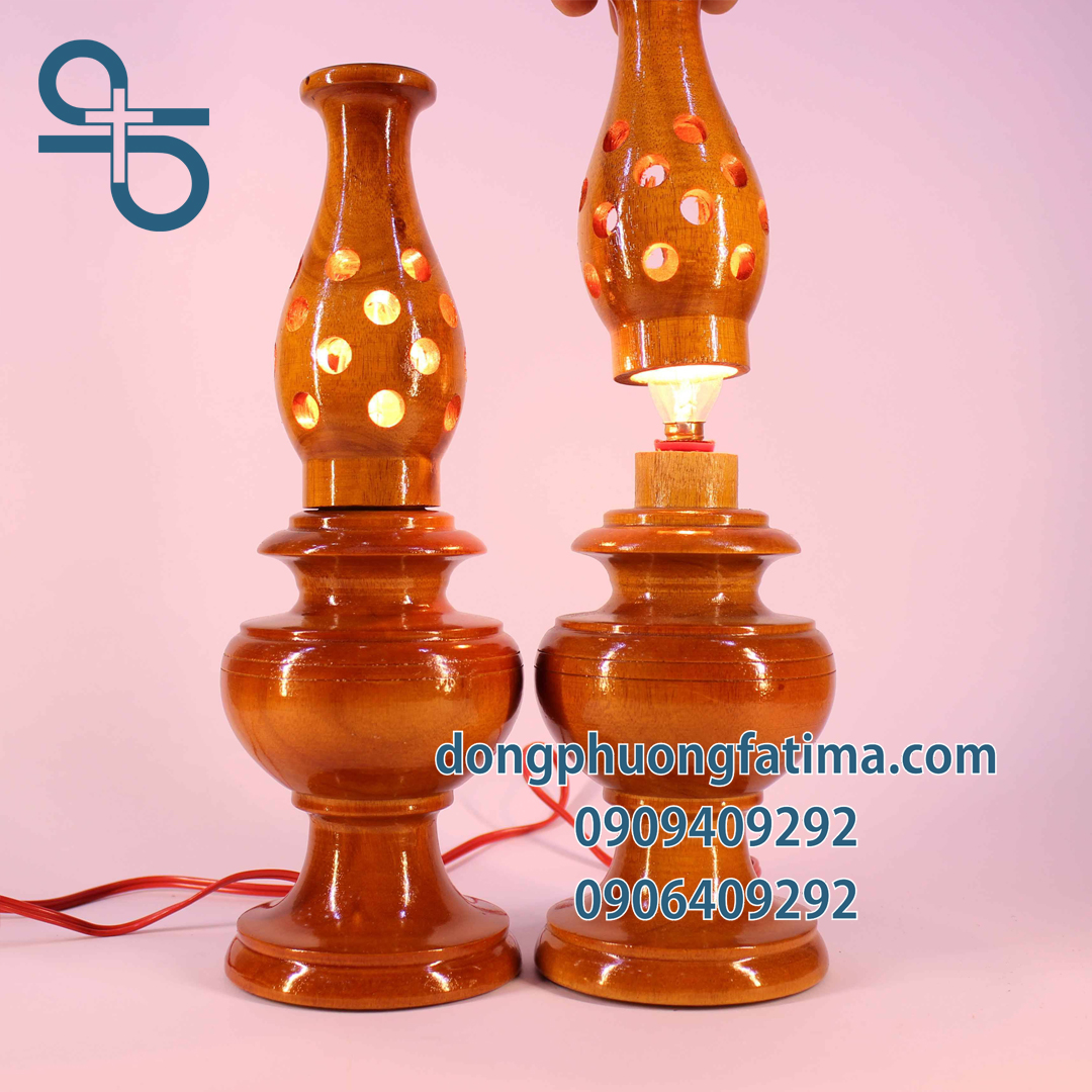 Đèn Bàn Thờ2 Cây Đèn Gỗ Thấp Bàn Thờ 26cm
