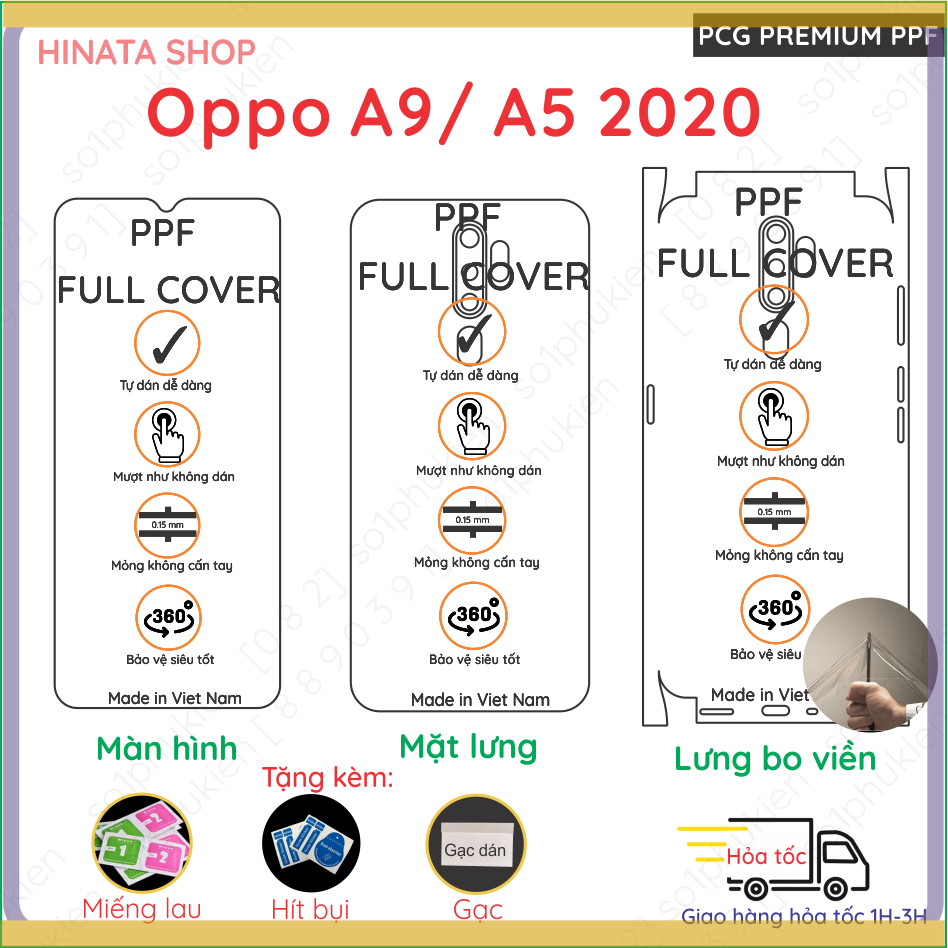 Dán ppf bóng, nhám cho oppo a9 2020/a5 2020 màn hình, mặt lưng, full lưng viền siêu bảo vệ