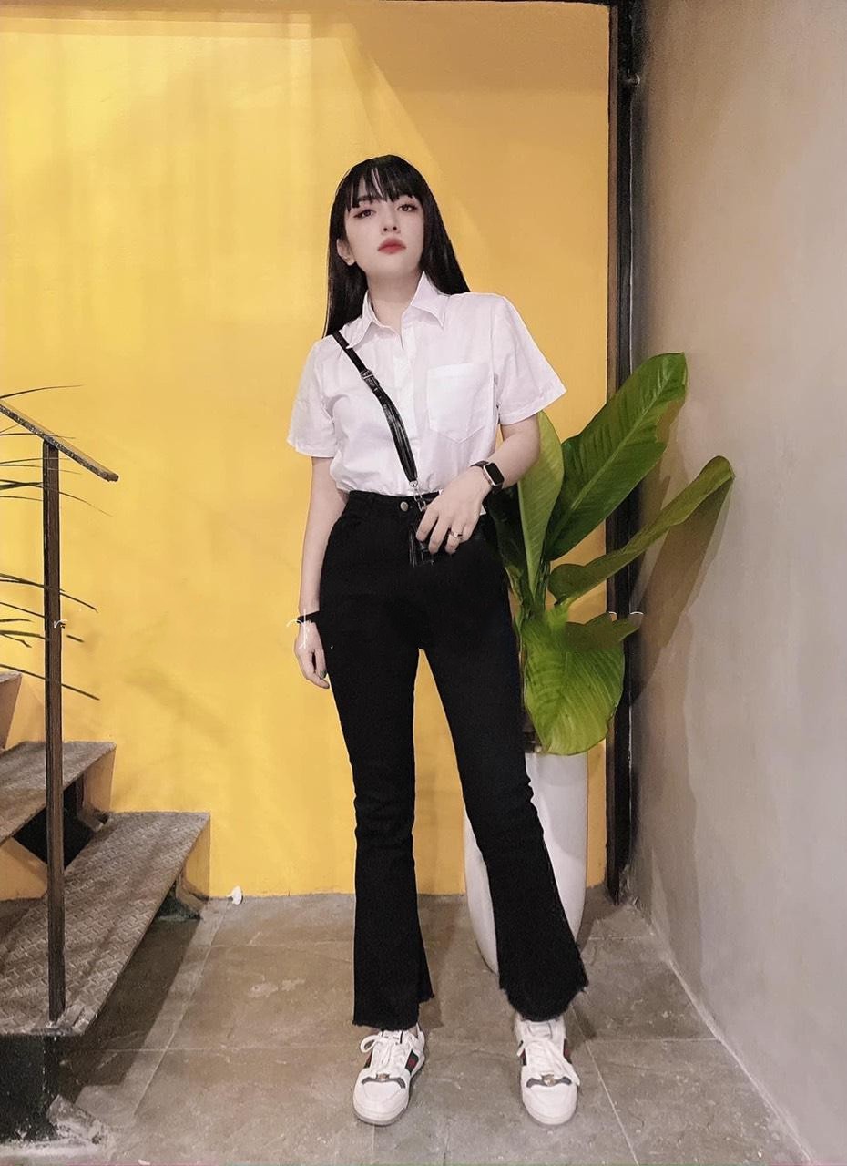 Quần jean nữ ống loe dài màu đen chất jean giãn tốt l099-6
