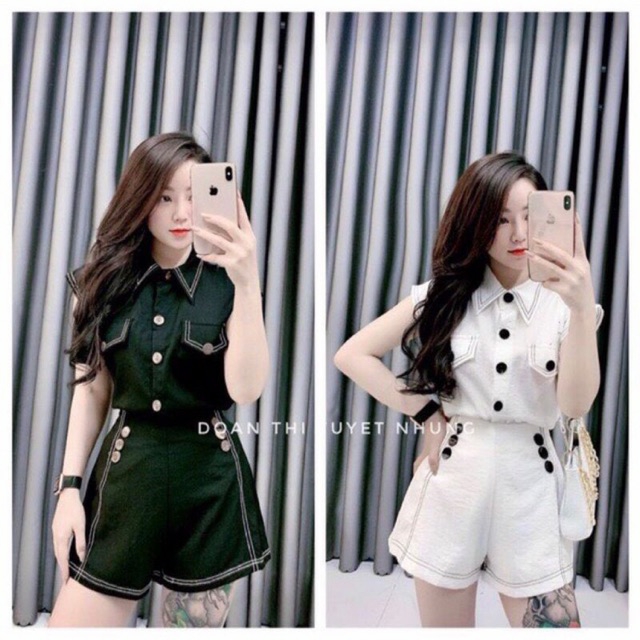 [HCM]Set bộ đùi sơ mi sát nách đính nút dễ thương