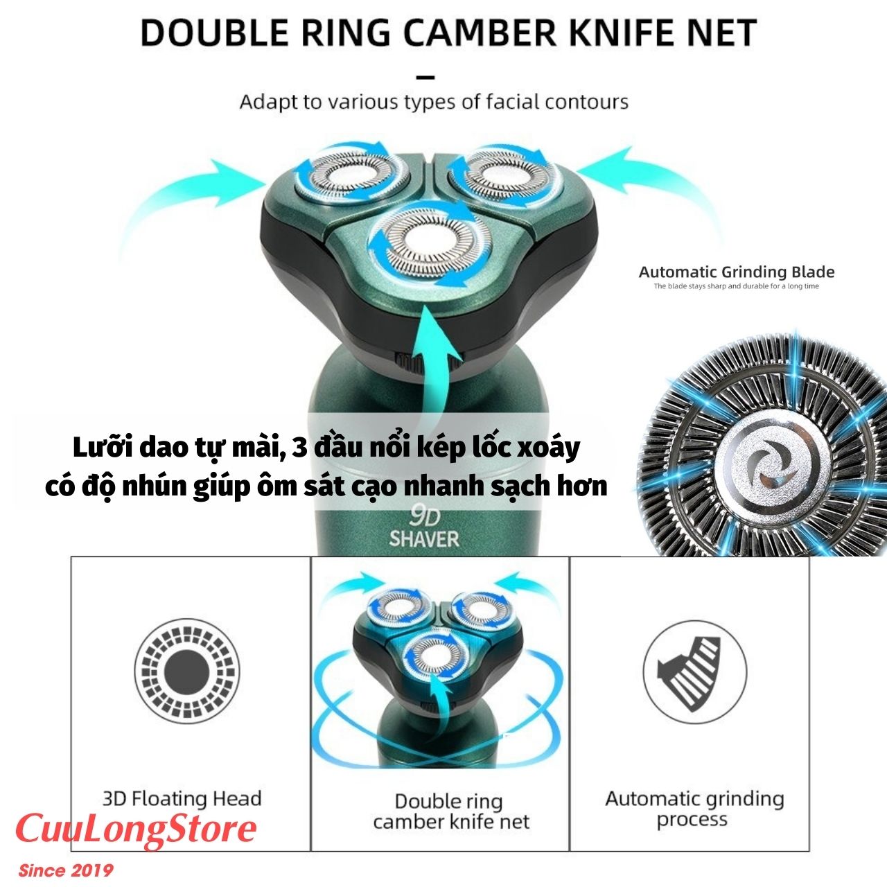 Máy Cạo Râu 9D Lưỡi Dao Kép đa năng, đầu tông đơ cắt tỉa lông mũi, chống nước IPX7, sạc pin màn hình kỹ thuật số hoạt động êm ái