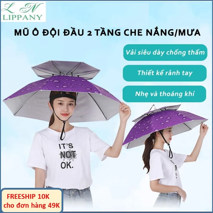 Ô đội đầu 2 tầng che nắng, che mưa - dù đội đầu gấp gọn