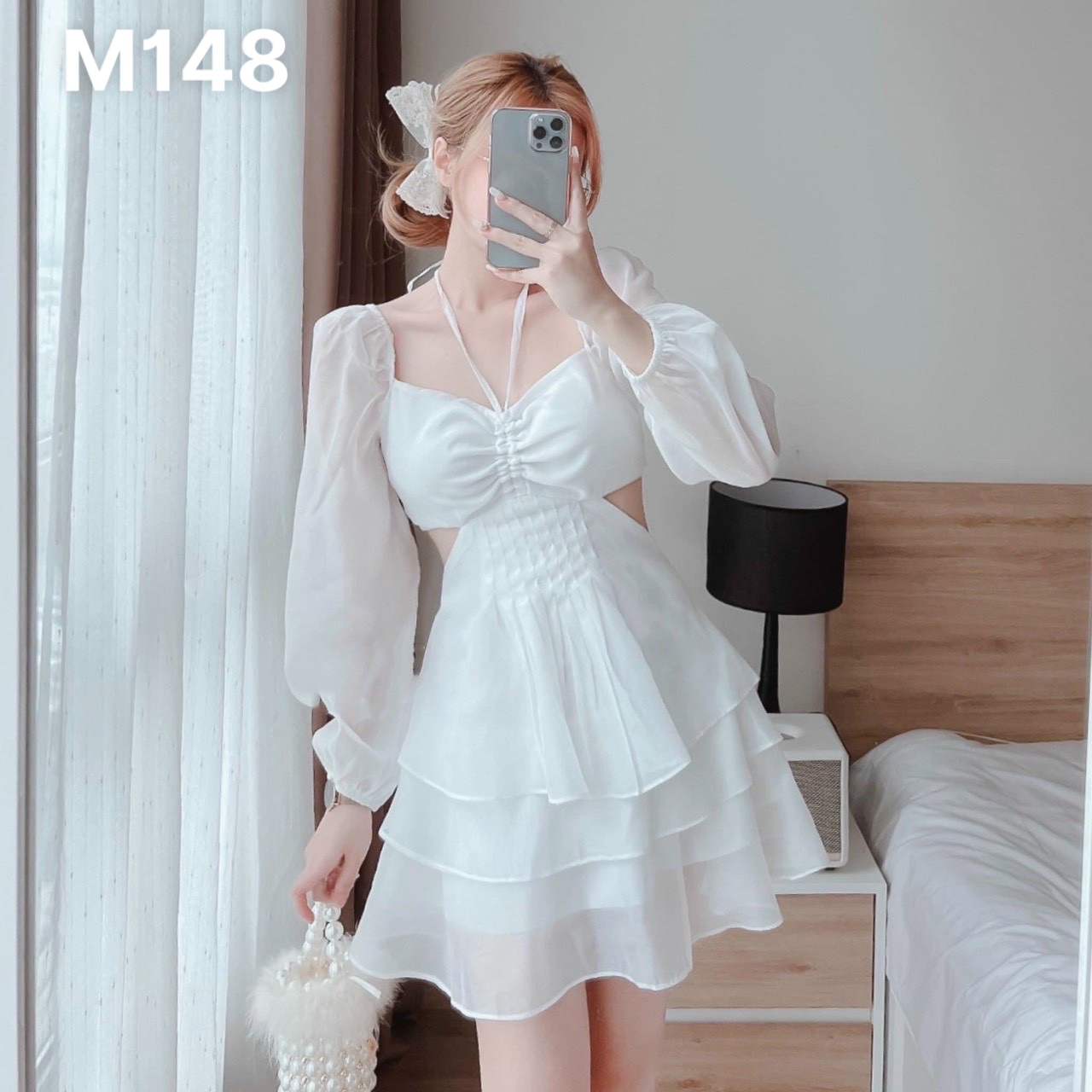 Đầm voan chiffon hở eo kèm dây có mút ngực M148