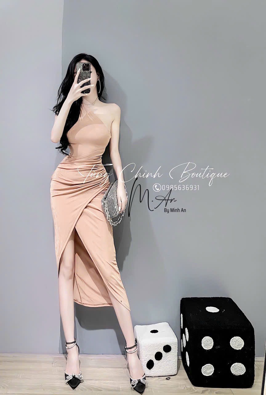 Đầm nữ  lệch vai đắp chéo sẻ tà cao cực sang ba