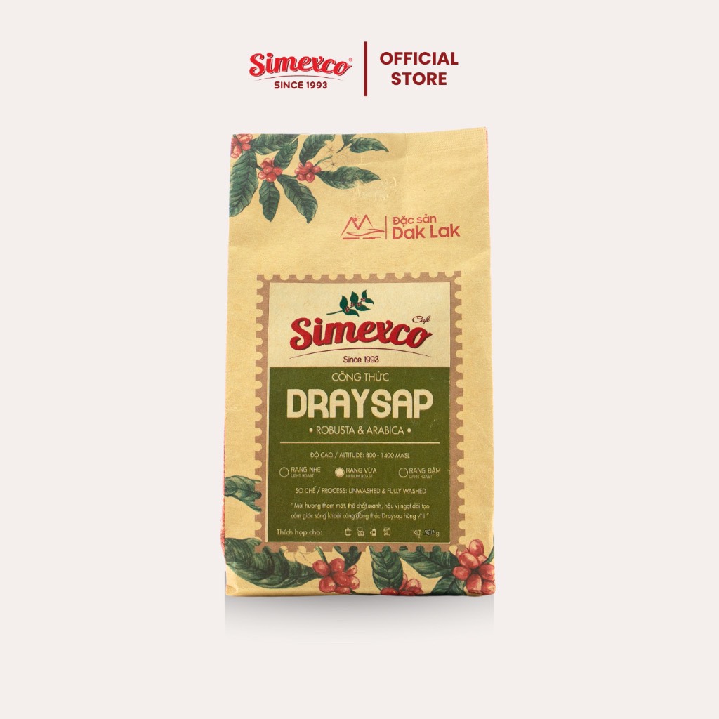 Cà phê rang mộc Simexco pha phin, pha máy - Công thức Draysap (túi 250g) - Cafe 30% Arabica 70% Robusta
