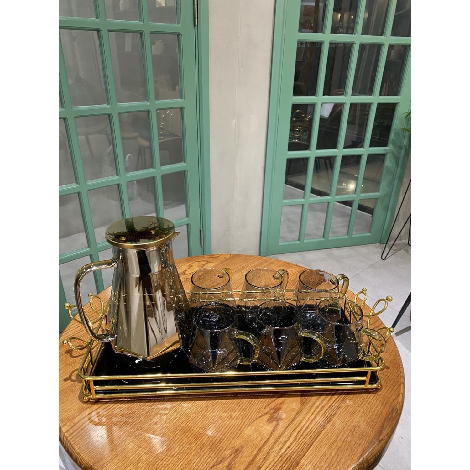 Set 6 Cốc + Bình Thuỷ Tinh Borosilicate Pha Lê Đen 🌸 Sang Trọng Tinh Tế 🌸