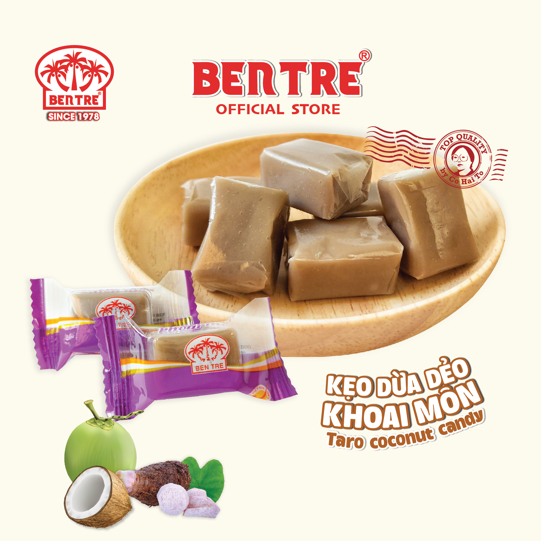 Kẹo Dừa Dẻo Khoai Môn chính hiệu Hai Tỏ Bến Tre Hộp 250g