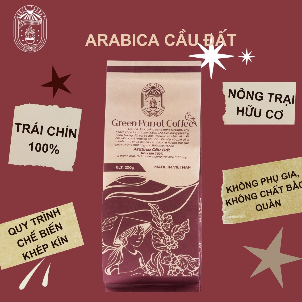 [COMBO 1KG] - Cà phê Arabica Cầu Đất Green Parrot 100% trái chín
