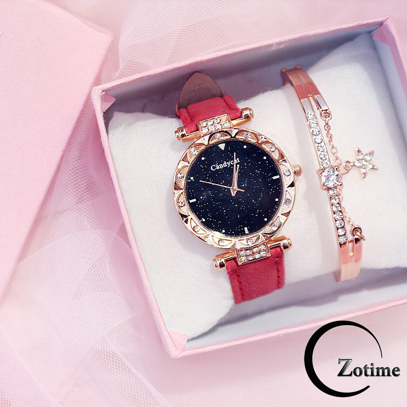 Đồng hồ nữ đeo tay đẹp Candycat dây da nhung đính cườm ZO20