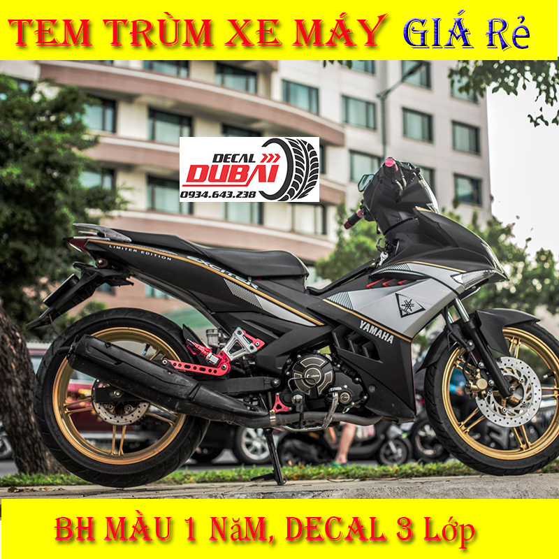 Tem Trùm Xe Exciter 150 Đen Nhám Viền Đồng
